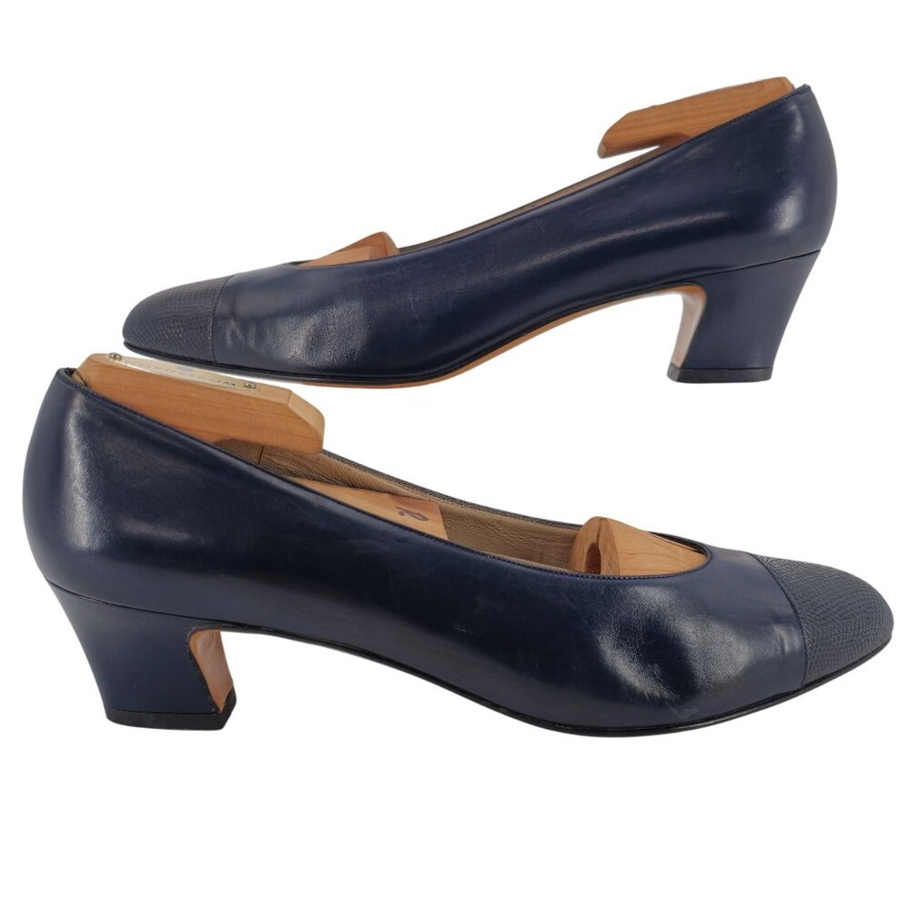 Vintage Salvatore Ferragamo Womens 9AA Navy Leather Reptile Embossed Dress Pumps - Picture 4 of 9